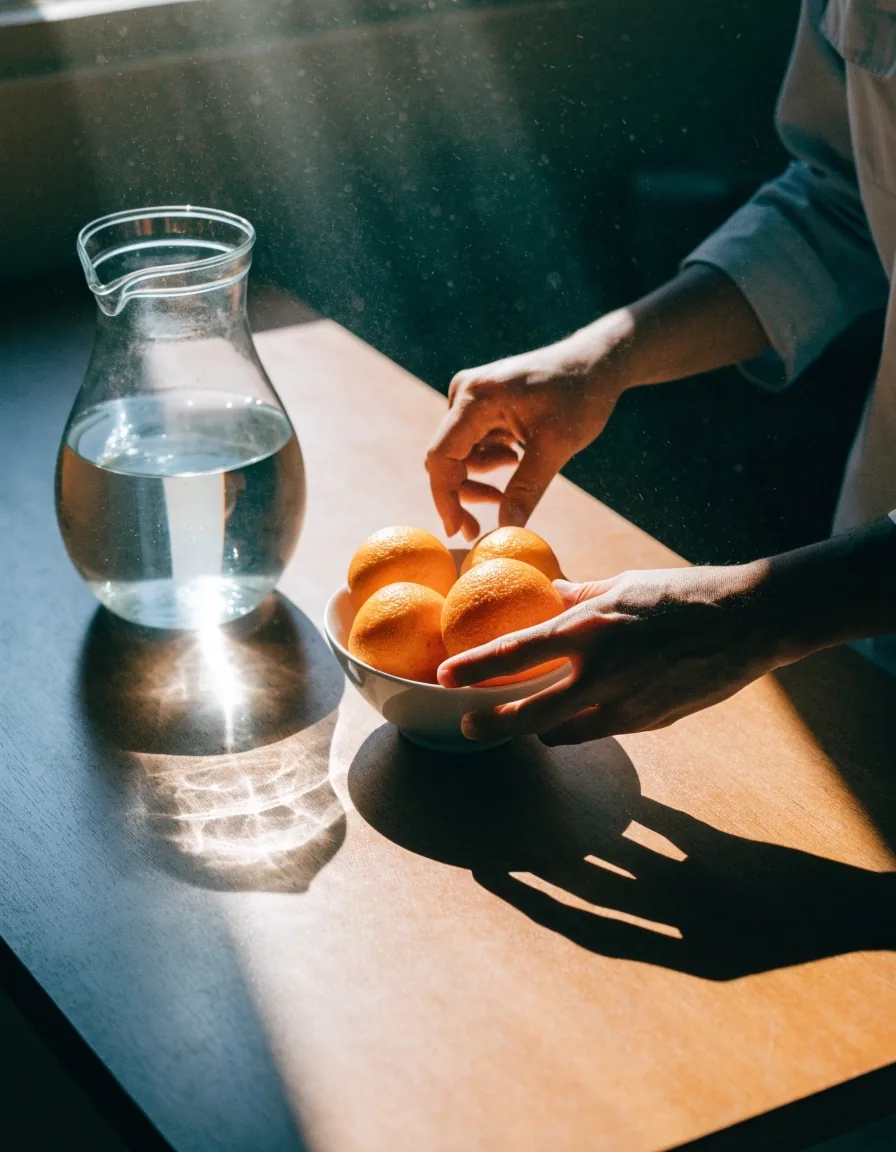 A nutritionist's desk with a closed notebook, a bowl of fruit and a jug of water under hard midday light