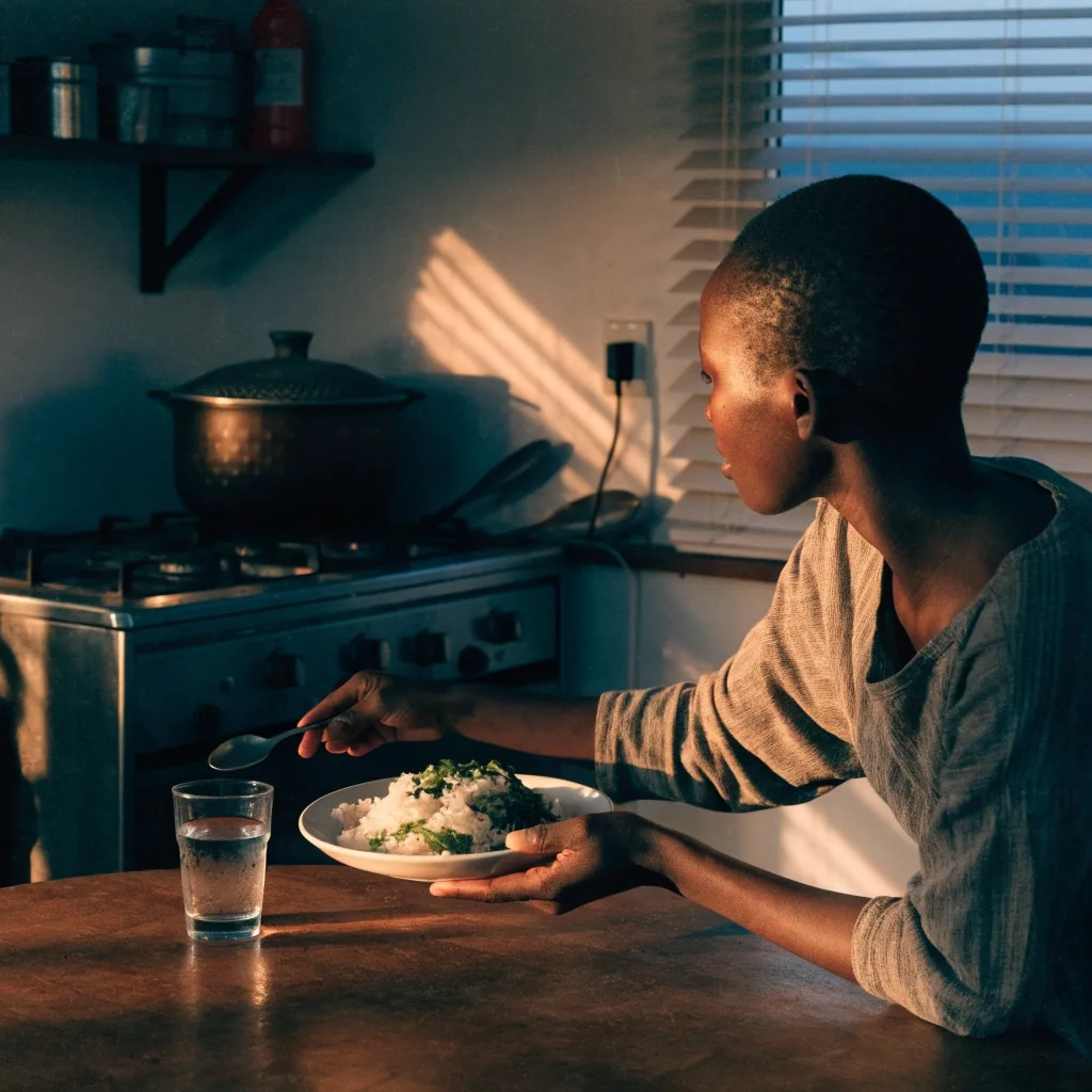 A modest evening plate of rice and vegetables with a glass of water on a bare kitchen table at dusk
