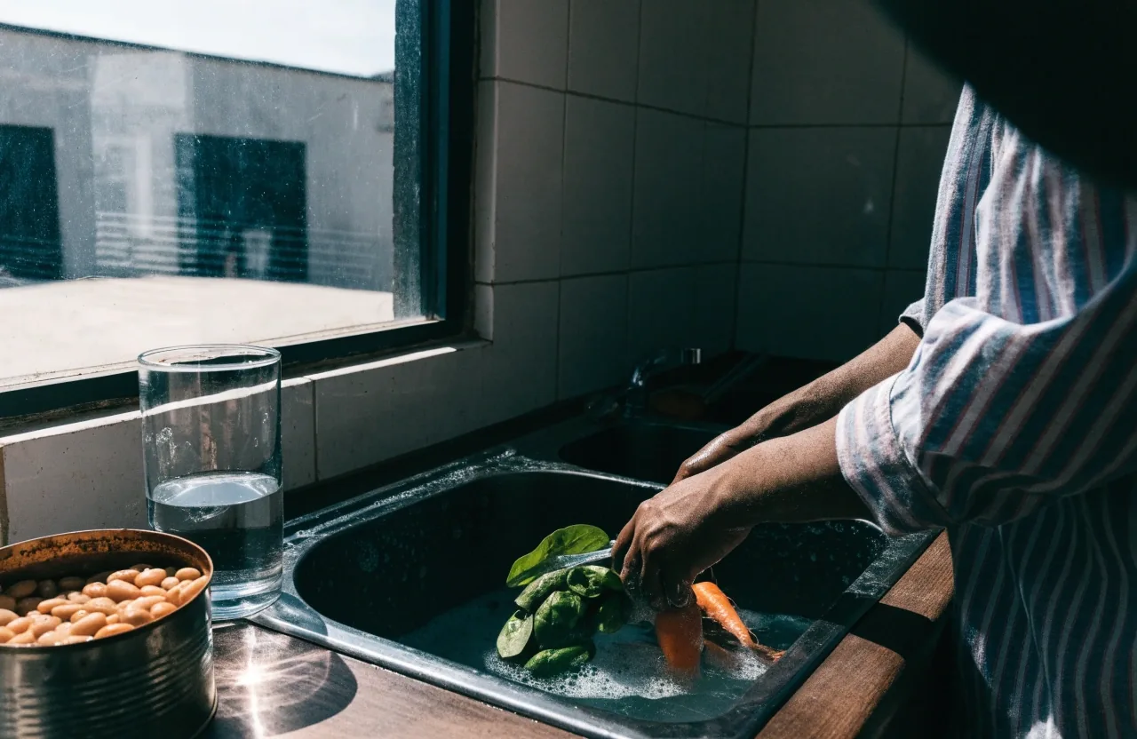 Overhead household plate in a Botswana kitchen with vegetables, maize porridge and beans, a glass of water at the edge